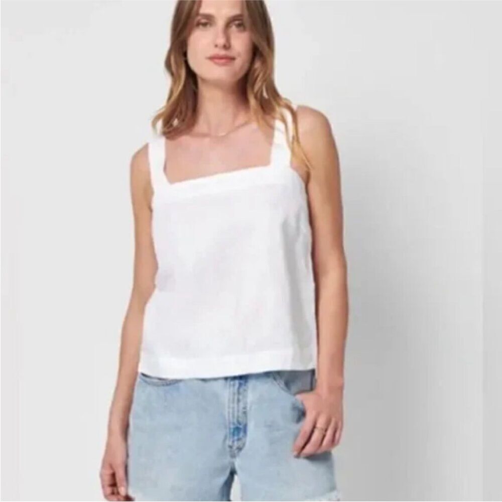 FAHERTY $128 Sands Linen Square Neck Tank Top White